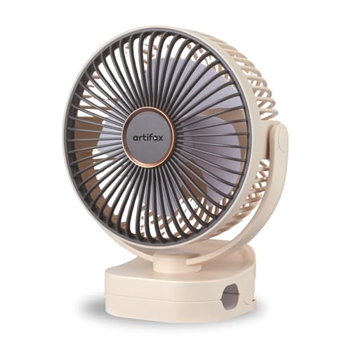 Artifax Clip Fan ART-B-5 | Rechargeable Fan with Backlit LED | 3-Speed | 360° Rotation | 4-6 Hrs Battery | Compact & Adjustable for Home, Office, Travel (Apricot) | 1-Year Warranty