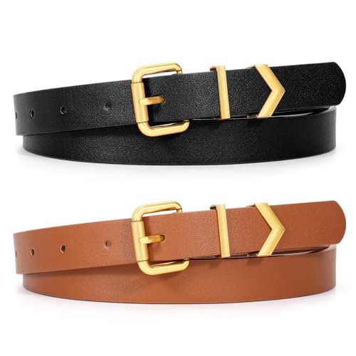 XZQTIVE 2 Pack Women's Skinny Leather Belts for Jeans Pants Dress Ladies Thin waist belt with Gold Buckle