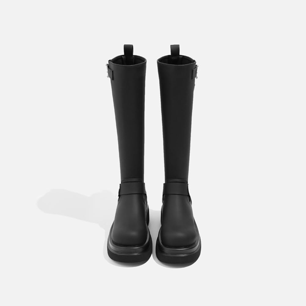 Botas De Montar Mujer Tacón Grueso Punta Redonda A Media Pantorrilla para Otoño Invierno Exterior Y Uso Diario Cuero PU Transpirable Forro Cálido