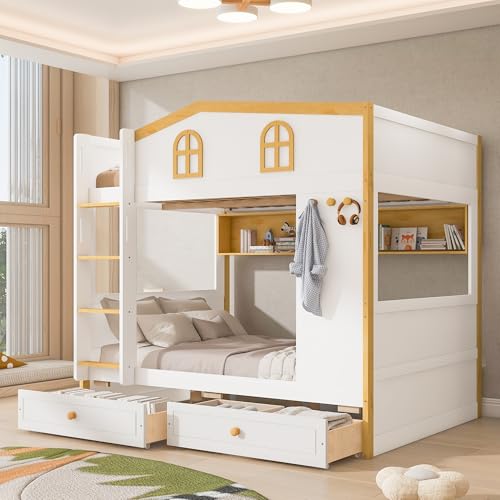 Image of Merax Full Over Full Size House Bunk Bed with Storage Shelves & 2 Drawers, Solid Wood Space-Saving Loft Bed Frame with Safety Guardrails for Bedroom, White+Natural