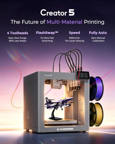 Image of FLASHFORGE Creator 5 4-Toolhead Changer 3D Printer, Multi-Color & Multi-Material Printing, Near-Zero Waste System, 7s FlashSwap, Clean Support Removal, CoreXY 600mm /s Auto Calibration FDM 3D Printer
