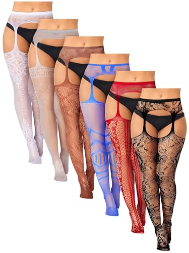 Image of Jadive 6 Pairs Women Plus Size Suspender Tights Fishnet Thigh High Stockings Garter Belt Lingerie Pantyhose