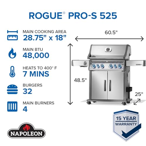 Image of Napoleon Rogue PRO-S 525 Propane Gas Grill with Infrared Side and Rear Burners, Stainless Steel, Durable 6-Burner BBQ