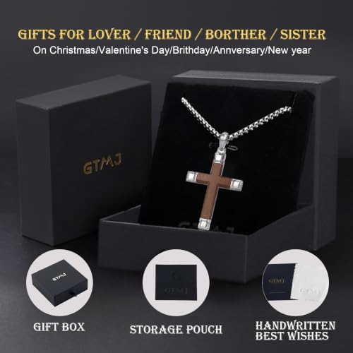 Image of Wooden Cross Necklace for Men with Stainless Steel Adjustable Chain 24-26in, Christian Wood Crucifix Pendant Gift for Him