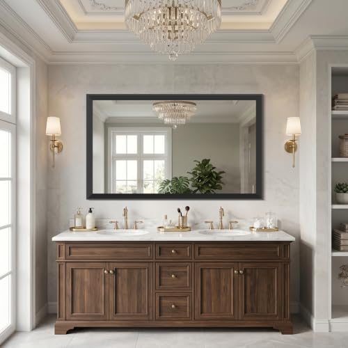 Image of DESBING Large Bathroom Mirror for Over Sink, 50 inch x 30 inch Black Rectangle Bathroom Mirrors for Double Vanity, Metal Ribbed Textured Framed Wall Mirror for Bathroom, Living Room, Bedroom,Dressing Room