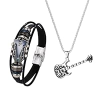 JewelryWe Gitarre Halskette Armband Set: 2 Stück Schmuckset für Herren Damen Edelstahl Gitarren Anhänger mit Kette & Punk Lederarmband Leder Armreif Gothic Rock Gitarristen Schmuck für Musikliebhaber