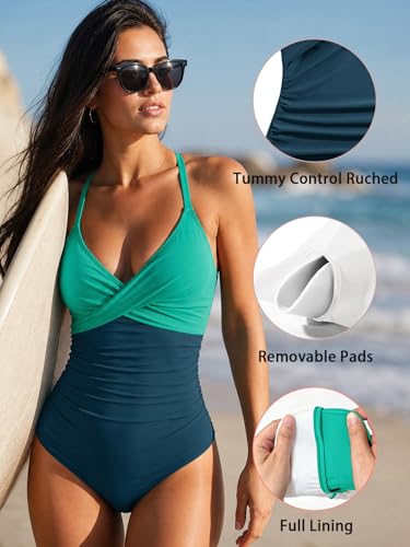 Image of B2prity Women's One Piece Swimsuit Tummy Control Front Cross Bathing Suit | Slimming Ruched ,Tie Back,Wrap Front,Adjustable Straps,Soft Removable Cups for beach, pool and vacation wear