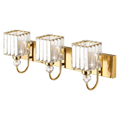 Image of Ralbay Modern Gold Crystal Vanity Lights for Bathroom 3-Lights Crystal Vanity Lights Over Mirror Modern Crystal Gold Bathroom Wall Lighting Fixtures
