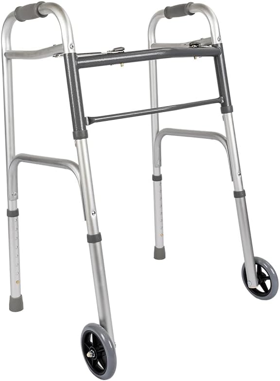 MediChoice Dual-Release Two Button/Folding Walker, Height Adjustable with 5 Inch Wheels, Aluminum, 300 lb. Capacity (1 Each)
