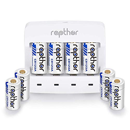 Rapthor 3.7V CR123A Lithium Batteries [750mAh 8pack Set] for Arlo Camera (VMC3030/VMK3200/VMS3230/3330/3430/3530), Flashlight, Microphone [Can be Recharged]