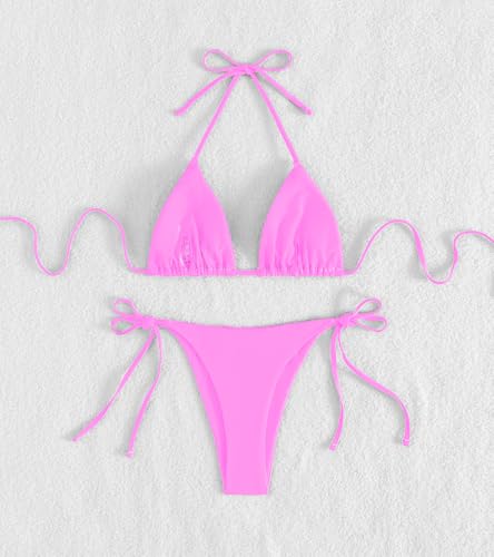 Image of Tainehs Women's Sexy Halter Thong Bikini Tie Two Sides Bottom Triangle Bikini Swimsuits
