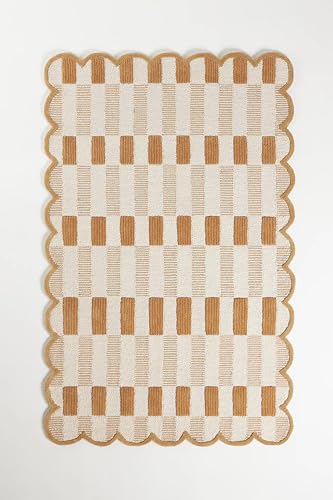 Image of Hand-Tufted Wool Area Rug - 3x5 Ft, Neutral Beige & Warm Caramel Plaid Design with Elegant Scalloped Edges, Soft Handmade Plush Carpet with Cotton Backing for Living Room, Bedroom & Nursery