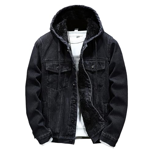 Men's Fleece Lined Denim Hoodie Jacket Casual Long Sleeve Button Down Trucker Coat Warm Winter Hooded Jean Jackets