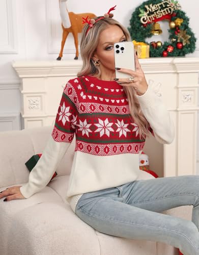 Image of Women's Fair Isle Sweater Crew Neck Long Sleeve Heart Sweater Vintage Tops