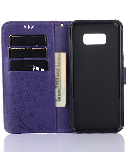 Flyee Case Compatible With Samsung Galaxy S8 (5.8 Inch,Released In 2017),Wallet Case For Women And Girls With Card Holder,Leather Flip Case Kickstand For Galaxy S8-Embossed Flowers Purple #TOP4