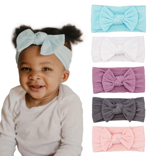 Image of Parker Baby Co. Cable Knit Nylon Baby Headbands, 5 Pack - Grace Set | Stretchy, gentle infant & toddler hair accessories for photos, outfits & baby shower gifts. 13" circumference fits 0-2+ years