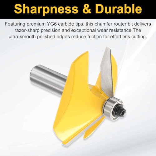 Image of HARFINGTON 60 Degree Chamfer Router Bit 1 /2 Inch Shank 0.7 inch Cutting Length Carbide Tip with Bearing for Woodworking Milling Cutter Tool, Yellow