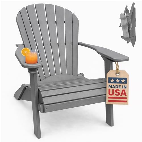 Ecommersify Folding Adirondack Chair with Cup Holder - (Dark Gray) - Heavy Duty Recycled Poly Lumber Folding Chair - Amish Crafted Outdoor Furniture - Made in USA