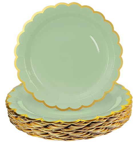 Image of HEIPINIUYE 50 Pieces Sage Green Paper Plates with Gold Foil 7 Inch Disposable Sage Scalloped Dinner Plates for Wedding Baby Shower Birthday Party Dessert Plate