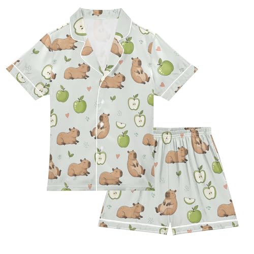 Satin Pajama Sets Short Sleeve Cute Animals Hearts Button Down Silky Nightwear 2 Piece PJS 5-14Y