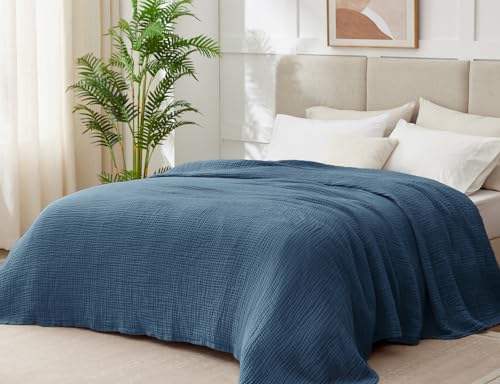 100% Cotton Muslin Blanket Queen 90" x 90", 6 Layers Breathable and Lightweight Cotton Throw Blanket for Bed, Soft Quilt Bedspread Coverlet, Gauze Blanket for Adults All Season, Blue