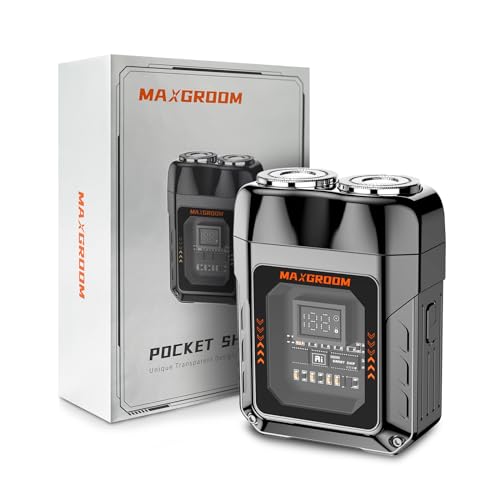 MAXGROOM Mini Afeitadora Eléctrica Hombre, Maquina de Afeitar Hombre Portátil, Uso en Seco y Humedo, Recargable Tipo-c, con Pantalla LED, Negro Plateado