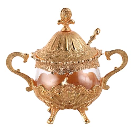 LXZSMH azucarero, especiero, Azucarero con Tapa y Cuchara, Tarro de Especias de Vidrio con Relieve de Metal, Soporte for Dulces, Cuenco Decorativo de Metal-Oro-cerámica (Color : Gold, Size : Glass)