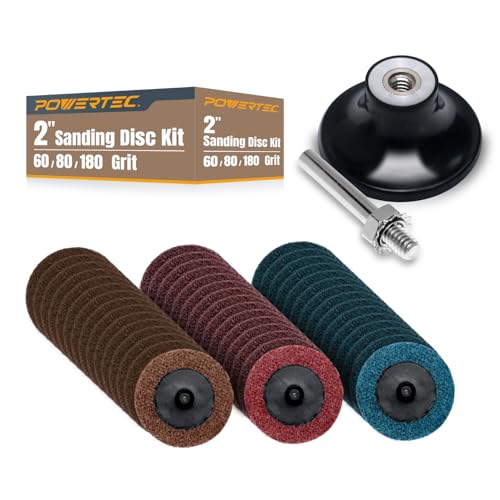 Image of POWERTEC 2 inch Sanding Discs Set for Die Grinders & Drills, 46pc Set - Includes 60 /80 /180 Grit Quick-Change Discs, 1 /4 inch Shank Holder & Surface Conditioning Pads, Aluminum Oxide Non-Woven Nylon (11400)