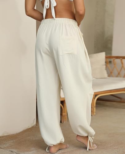 Image of Women's Linen Balloon Barrel Beach Pants Boho Harem Flowy Drawstring Casual Loose Pants with Pockets