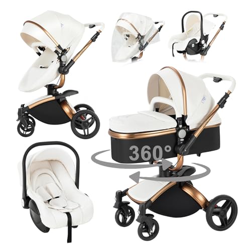 Magic ZC PU Leather 3 in 1 Pushchair Pram Travel System, Baby Stroller 3 in 1 with 360° Rotatable Seat, Newborn Infant Carriage One-Click Folding, Toddler Buggy Aluminum Frame (906 White)