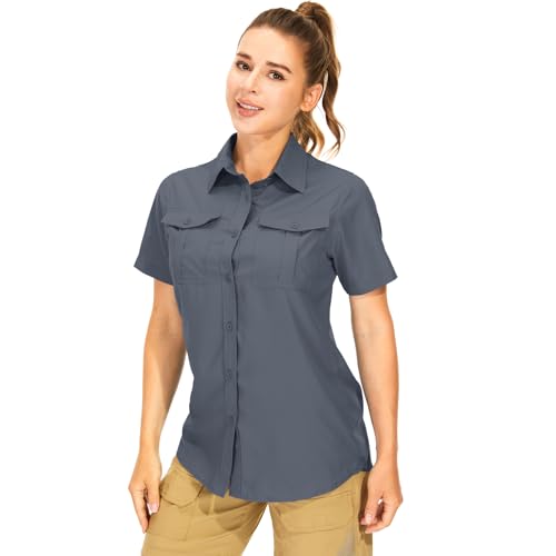 Women's Button Down Shirts UPF 50+ Short Sleeve Sun Protection Shirts Stretch Quick Dry Shirt for Fishing, Hiking, Travel, Dark Grey, X-Large