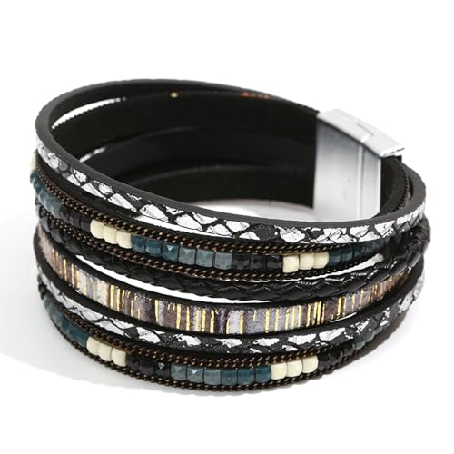 Image of Fesciory Leather Wrap Bracelets for Women, Boho Leopard Multi-Layer Crystal Beads Cuff Bracelet Jewelry