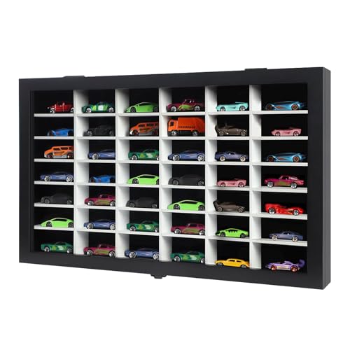 Image of Diecast Model Car Display Case 1 /64 Scale Toy Cars Organizer Storage Cabinet Wall Mount with Acrylic Glass Door & Removable Shelf - Holds Up to 42 Cars, Large-Black