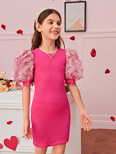 WDIRARA Girl's Ribbed Mesh Short Puff Sleeve Cute Birthday Party Pencil Mini Dress3