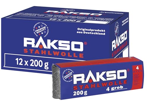 RAKSO Stahlwolle grob 4-2,4 kg, 12 Banderolen à 200g, entfernt Öl, Fett auf Metall, reinigt Natur, Kunststein, anschleifen von altem Holz