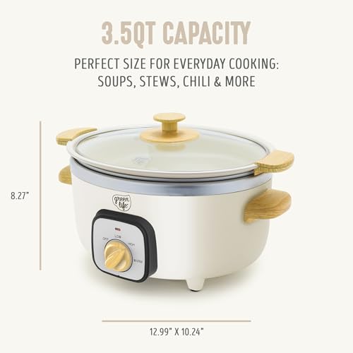 GreenLife 3.5QT Slow Cooker, PFAS-Free Non-Toxic Ceramic Nonstick Removable Interior Bowl, Programmable, Keep Warm, Stovetop & Oven Safe Pot, Dishwasher Safe Crock & Glass Lid, Cream