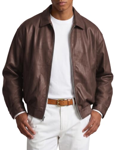 JMIERR Mens Faux Leather Jacket Zip Up Casual Coat, L, Chicory Coffee
