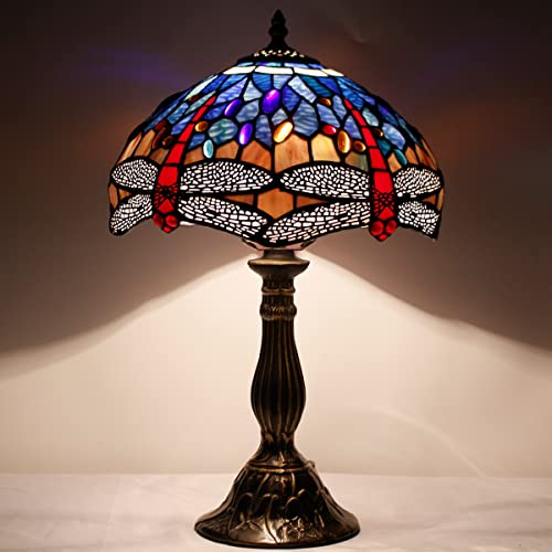 Image of WERFACTORY Tiffany Lamp Blue Red Stained Glass Dragonfly Style Bedside Table Lamp