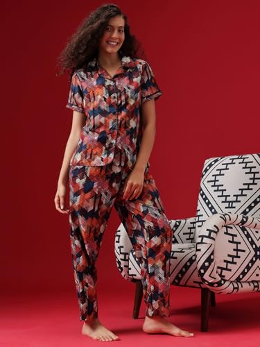 Image of Clovia Women's Cotton Printed Button Down Shirt & Pyjama Night Suit Set