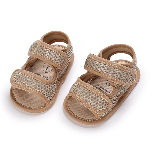 SOFMUO Baby Boys Sandals Premium Anti-Slip Rubber Sole Breathable Mesh Fabric Infant Summer Sneakers Toddler Outdoor Water Shoes (A01/Khaki,0-6 Months)