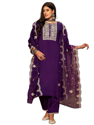 Image of INDO ERA Women's Silk Blend Embroidered Straight Kurta & Pant with Dupatta Set (SHUTR7630)