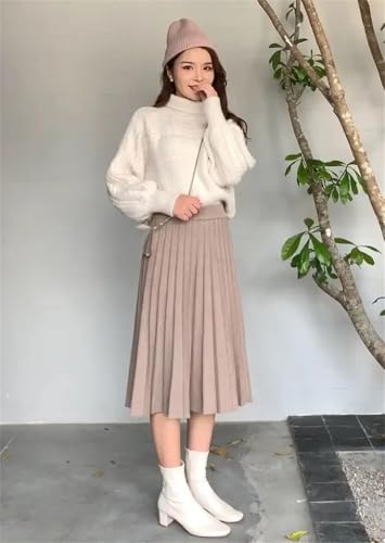 ERFMFKL Women Solid Color Knit Pleated Skirt Elastic High Waist Office Slim Fit A-Line Skirts4