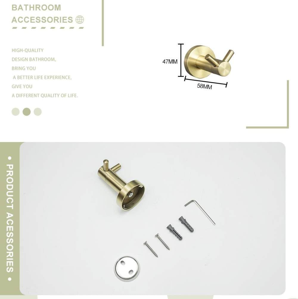 Toallero montado en la Pared Soporte de Papel higiénico Redondo de Acero Inoxidable Dorado Cepillado Albornoz Gancho para Toalla Kit de Accesorios de baño, 4 Ganchos Dobles