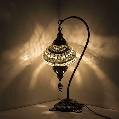 ENVA Turkish Moroccan Mosaic Table Lamp - Handmade Glass Swan Neck - Multi-Colored - Metal & Glass - 17.3" H x 17.3" W - LED Bulb Included - Indoor Use Only