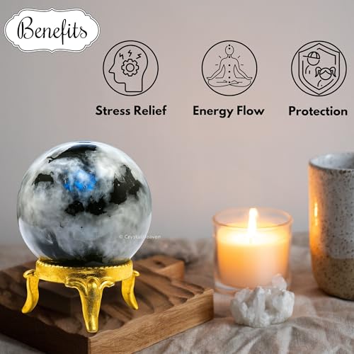 Image of Certified Rainbow Moonstone Crystal Ball for Meditation - Premium Crystal Vastu Items for Home and Feng Shui Items for Good Luck - Ideal for Pooja Supplies and Spiritual Practices (2 inch Inch)