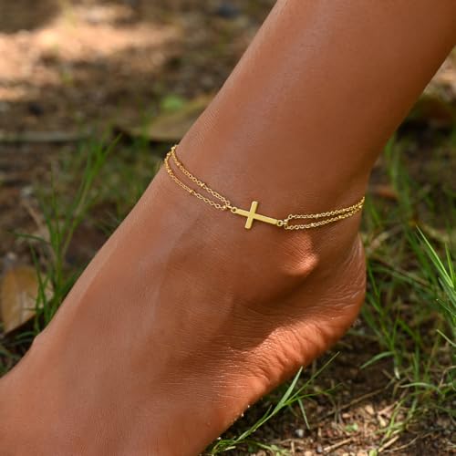 Image of Anklets for Women 14K Gold Plated Anklets Waterproof Ankle Bracelets for Women Silver Ankle Bracelet Layered Cross Satellite Bowknot Flower Pearl Beach Anklets Cute Jewelry Gift