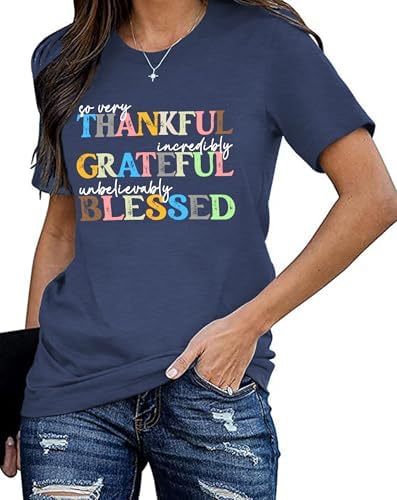 Thanksgiving Shirt for Women Thankful Grateful Blessed T-Shirt Funny Thanksgiving Fall Tee Tops