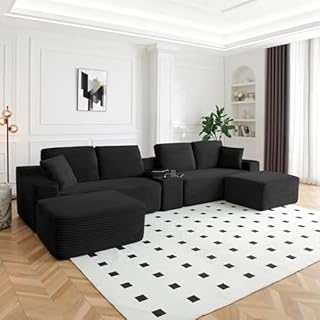 ivoros 150 Inch Modular Sectional Sofa Couch, Oversized Modern Cloud Couch for Living Room, U Shape Couches with 2 Ottomans, USB Ports and Cup Holders, Black Corduroy Boneless Sofas, Sofa in a Box