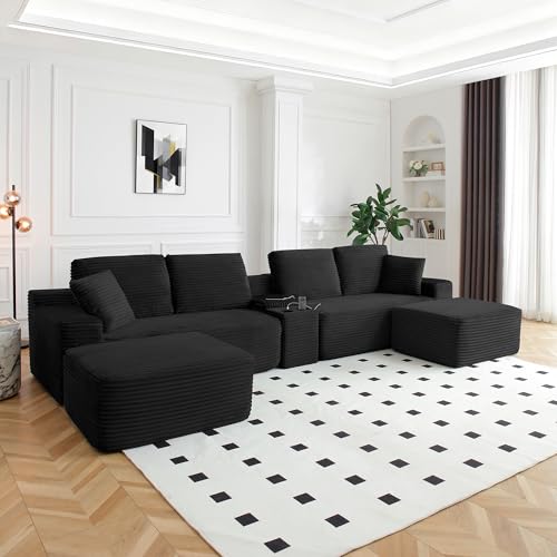 ivoros 150 Inch Modular Sectional Sofa Couch, Oversized Modern Cloud Couch for Living Room, U Shape Couches with 2 Ottomans, USB Ports and Cup Holders, Black Corduroy Boneless Sofas, Sofa in a Box
