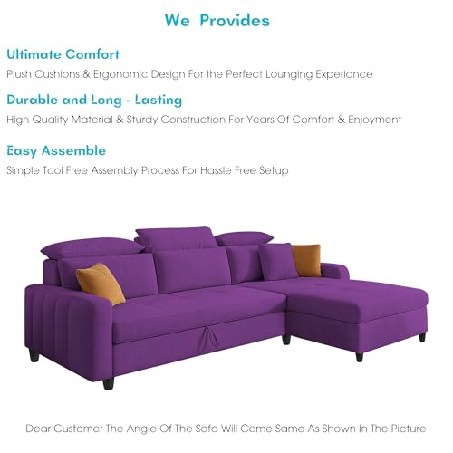 Image of Casaliving Gagnon RHS 4 Seater L Shape Corner Sofa Cum Bed for Living Room (Purple Fabric) Premium Fabric Sofa
